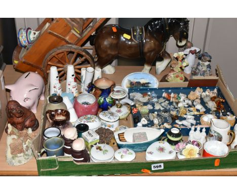 A BOX AND LOOSE CERAMICS AND OTHER ORNAMENTS, to include a large ceramic shire horse with cart, height of horse 29cm includin