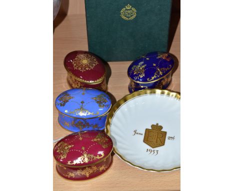 A COLLECTION OF MINTON TRINKET BOXES, comprising four trinket boxes of oval form, pattern T1019 with gilt foliate design on a