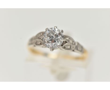 A SINGLE STONE DIAMOND RING, the brilliant cut diamond within an eight claw setting, to the leaf shape shoulders, estimated d