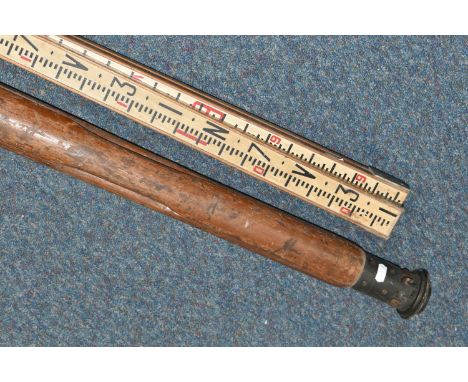 A SURVEYOR'S TRIPOD AND MEASURE, comprising wooden tripod height 150cm, and a vintage surveyor's measure in three sections (2