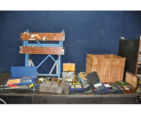 A BASKET CONTAINING TOOLS including a Megger Circuit tested, five multi meters by RS, AVO, Robin, Quiller etc, wooden mouldin
