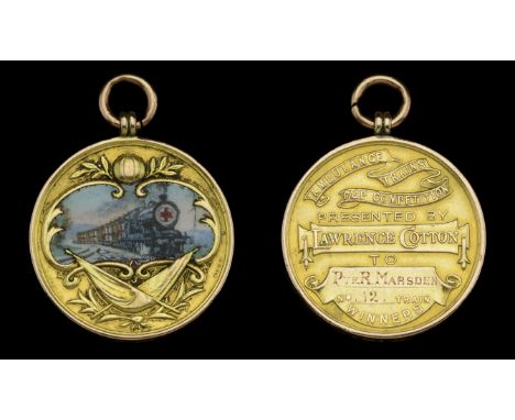 Ambulance Trains Cup Competition Medal, by Vaughton, Birmingham, 29mm, gold (9ct., 17.41g) and enamel, the obverse depicting 