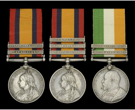 A ‘double issue’ Queen’s South Africa Medal group of three awarded to Gunner W. Hales, Royal Field Artillery  Queen’s South A