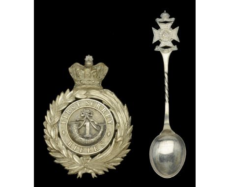 1st Surrey Rifle Volunteer Corps Officer’s Pouch Belt Plate. A fine example c.1870, silvered crowned laurel and palm wreath, 