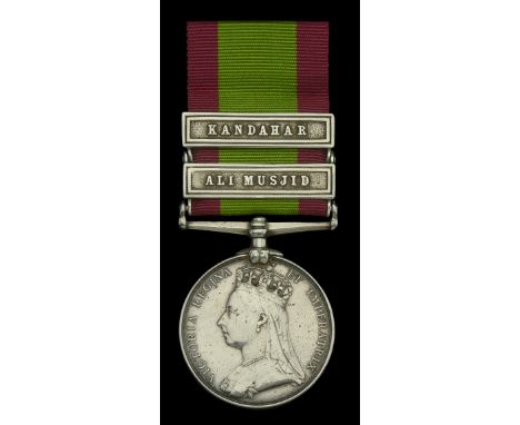 Afghanistan 1878-80, 2 clasps, Ali Musjid, Kandahar (1552, Trumpr. S. Keeling, 11/9th. Bde. R.A.) light pitting, polished, ne