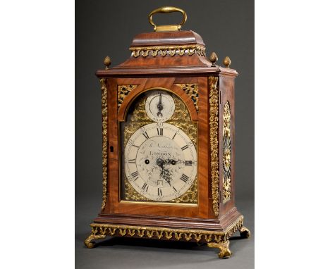 Englische Bracket Clock in Nussbaum Gehäuse mit feuervergoldeten Bronzebeschlägen, Zifferblatt sign.: "M.Nicolason/London", 4