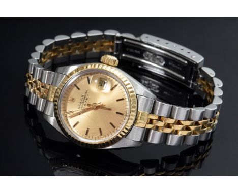 Rolex Oyster Perpetual Date Damen Armbanduhr, Edelstahl/Gelbgold 750, Automatikwerk, Strichindizes auf vergoldetem Zifferblat