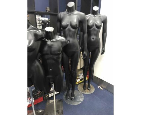 TWO FULL BODY FEMALE MANNEQUINStogether with a male half body mannequin, all on stands