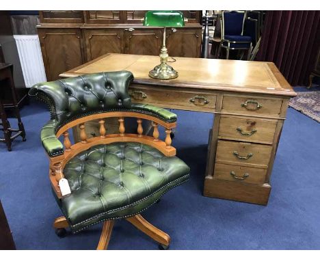 REPRODUCTION CAPTAIN'S CHAIR AND A VINTAGE BRASS LAMP WITH GREEN SHADE (2) 