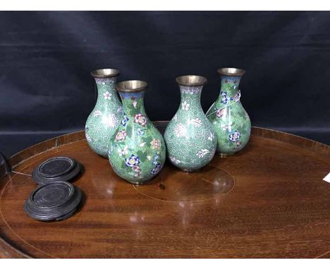 EDWARDIAN INLAID MAHOGANY OVAL TRAYalong with two pairs of Chinese cloisonne enamel vases (5)