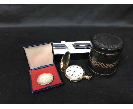 LOT OF COLLECTABLESincluding a King's Own Scottish Border's swagger stick, a service medal, a parker pen, pocket watches, etc