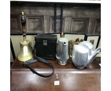 BRASS HAND BELL along with a vintage Polaroid camera, picquot ware, etc