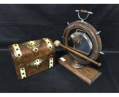 VICTORIAN WALNUT TEA CADDY with studded decoration, along with an oak biscuit barrel and an oak table gong 