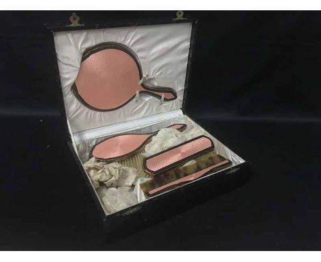ENAMEL BACKED DRESSING TABLE SETin case also a small group of collectables including two Chesterman measures, folding pocket 