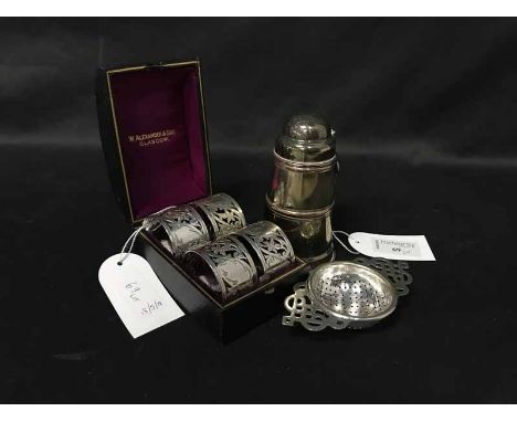 LOT OF SILVER PLATED WARE including four napkin rings in box, set of cocktail sticks in silver plated tankard style case, Map