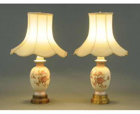 A pair of porcelain table lamps, each with brass base.  Height excluding light fitting 40 cm. CONDITION REPORT: Both lamps cu