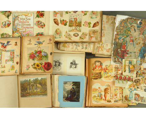 Eight 19th century scrap albums, containing scraps, postcards, greetings cards, prints, some of the Lake District, fashion pl
