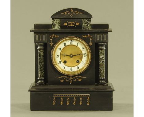 A Victorian black slate and marble mantle clock, with two train movement striking on a gong.  Height 32 cm, width 26 cm.  CON