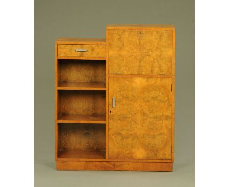 An Art Deco walnut bureau cabinet, with bureau drawer, cupboard and shelves.  Height 111.5 cm, width 91 cm, depth 26 cm. COND