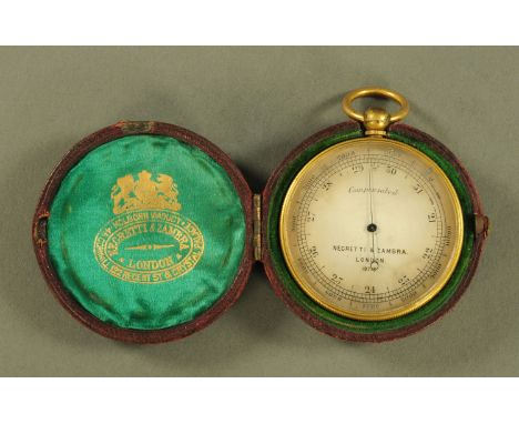 An antique gilt metal pocket barometer by Negretti &amp; Zambra, in leather case.  Barometer diameter 49 mm (see illustration