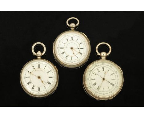 Three silver cased key wind chronographs, Harris Stone of Leeds and two others, all currently ticking away.  Largest diameter