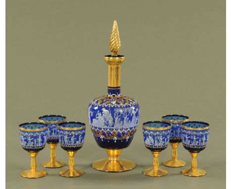 A Venetian decanter, and 6 glasses.  Decanter height 36 cm. CONDITION REPORT: The six glasses are all in good order with no c