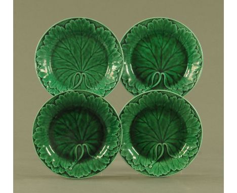Four Victorian Wedgwood cabbage leaf plates, impressed mark.  Diameter 20 cm.