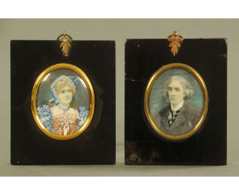 A pair of 19th century portrait miniatures "Ellen Terry", and "Henry Irving", each bearing label verso by Mildred C Walker, e