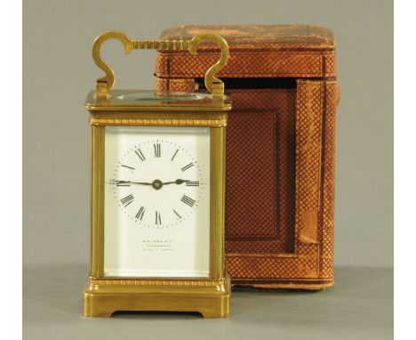 An Edwardian French brass carriage clock, timepiece only, G.H. Lee and Co, Liverpool.  Height excluding carrying handle 11.5 