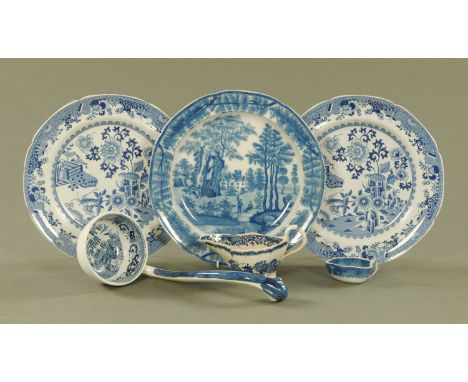 A collection of 19th century blue and white wares, including Spodes Newstone plate with bird and grasshopper pattern, circa 1