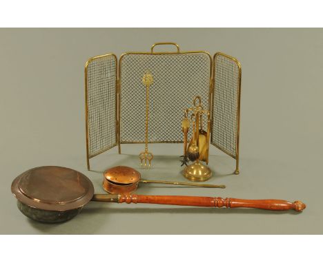 A companion set, toasting fork, warming pan, mesh spark guard and chestnut roaster. CONDITION REPORT: Guard height including 