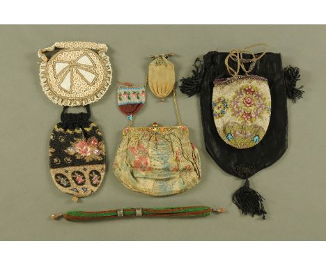 Eight purses and bags, including four Victorian beadwork, another with enamel work to the clasp and three others.