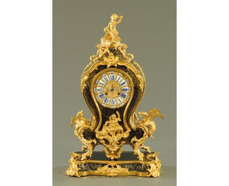 A 19th century French boulle marquetry table or mantle clock with stand, by Perin &amp; Magniel, with two-train striking move