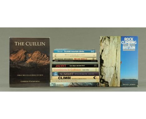 Thirteen climbing books, The Big Walls by Reinhold Messner, The Cuillin by Gordon Stainforth, Ascent by Steve Roper and Alan 