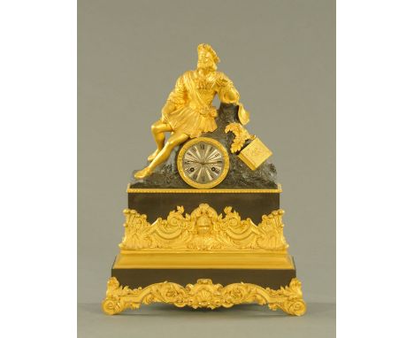 A 19th century French bronze and gilt metal figural mantle clock, with scholar mount, with silvered brass dial, two-train mov