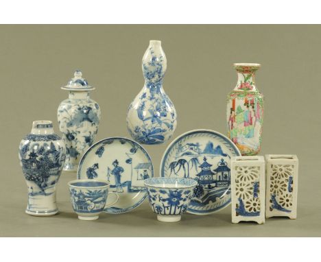 A collection of principally Chinese vases, tea bowls and saucers.  Tallest 18 cm.  CONDITION REPORT: The Japanese gourd shape