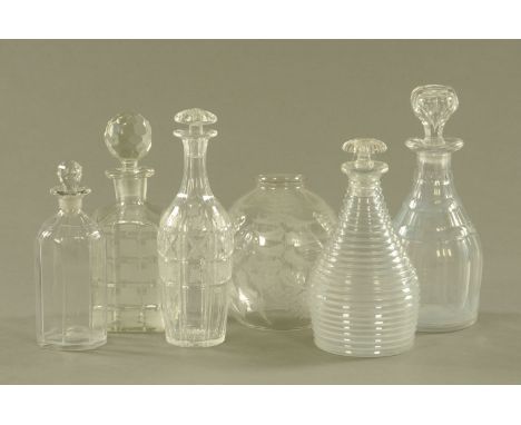 A 19th century fern etched glass lamp shade, and 5 decanters various. Tallest 30 cm. 