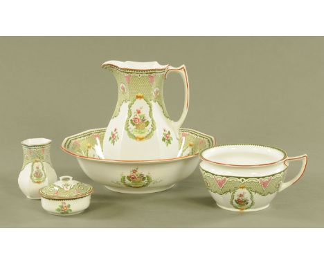 A Victorian Corona Ware toilet jug and basin set, with scale and handpainted decoration.  Bowl width 43 cm.