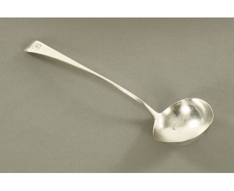 A George III silver ladle, London 1799, maker probably Thomas Dicks.  163 grams, length 33.5 cm.