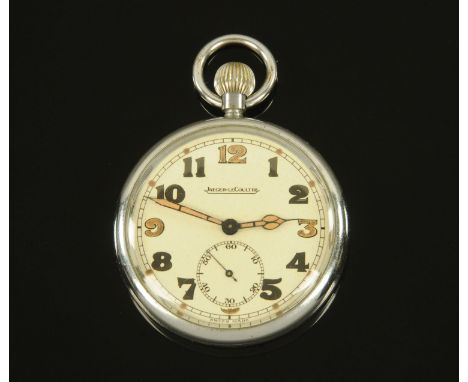 A Jaeger-LeCoultre Second World War stainless steel cased pocket watch, knob wind, with subsidiary second dial.  Diameter 50 