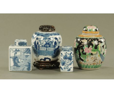 A 19th century Chinese blue and white ginger jar, decorated with figures, with later wooden lid and stand, four character mar