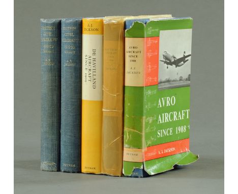 Five aviation books by AJ Jackson, British Civil Aircraft 1919 to 1959 Volumes 1 and 2, first editions, no dust jackets, both