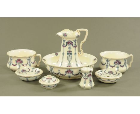 A 19th century Losol Ware toilet jug and basin set, transfer printed and painted.  Jug height 35 cm.