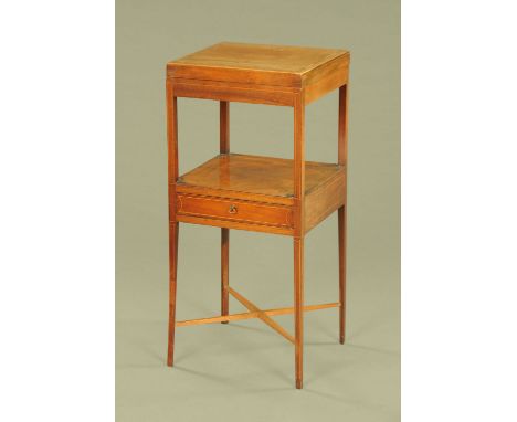 A George III mahogany square washstand, with folding top to interior fitted for a basin, with shelf and drawer beneath and ra