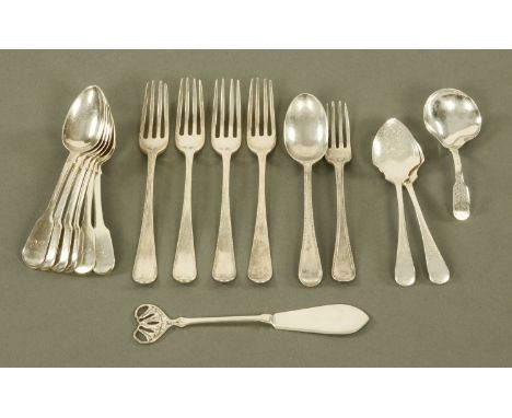 A collection of sixteen pieces of silver flatware, including four dessert forks by Sumner &amp; Fearn, London 1788, six teasp