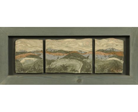 A ceramic landscape triptych, in grey painted frame.  Overall dimensions 28 cm x 67 cm.