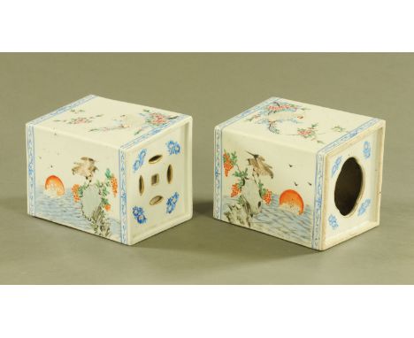 A pair of Chinese stands, each decorated with birds and blossom.  Height 22 cm. CONDITION REPORT: These stands are late 19th 
