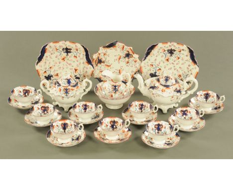 A 19th century Gaudy Welsh part tea service, comprising teapot, sugar basin, milk jug, bowl, 9 cups, 9 saucers and 3 plates (