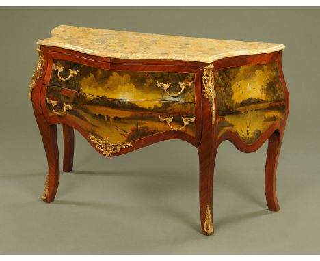 A French style commode chest of drawers, with beige variegated marble top and two frieze drawers painted with a landscape and