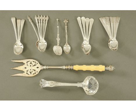 A set of six silver coffee spoons Sheffield 1947, together with a matched set of four silver coffee spoons, a George III silv